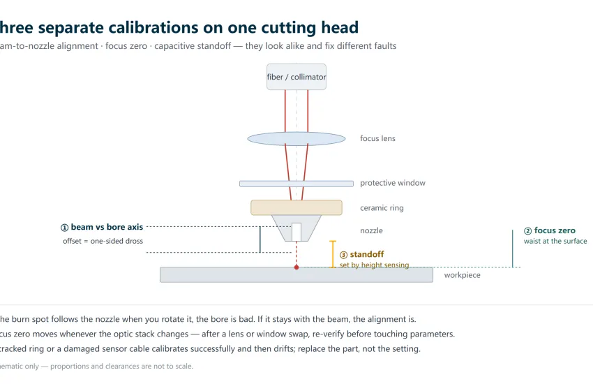 Schematic of a fiber laser cutting head showing beam-to-nozzle alignment, focus zero and standoff