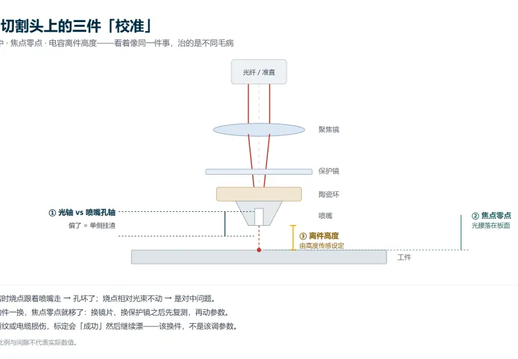 光纤激光切割头示意图：光轴对中、焦点零点与离件高度三件校准